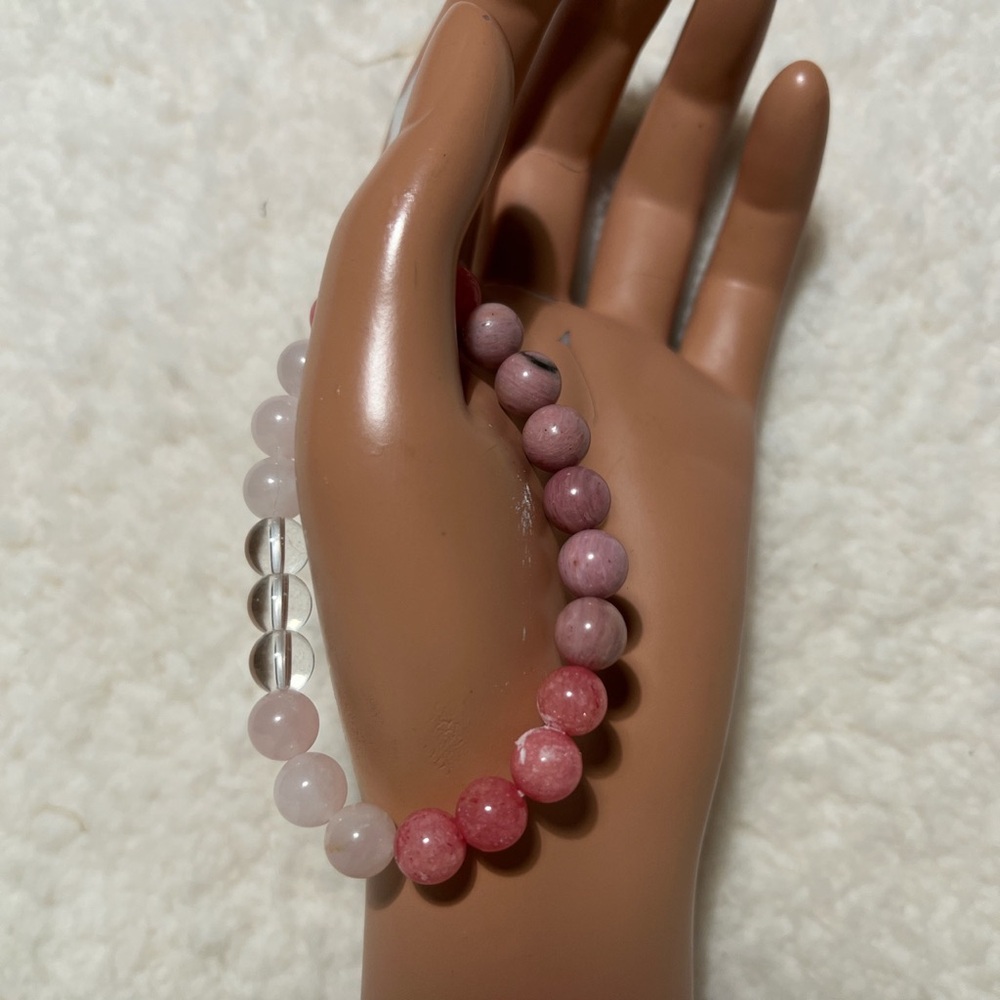 Bracelet 8,5mm  Rose Quartz,  Clear Quartz,  Rhodonite , Rhdochrosite - Picture 4 of 8